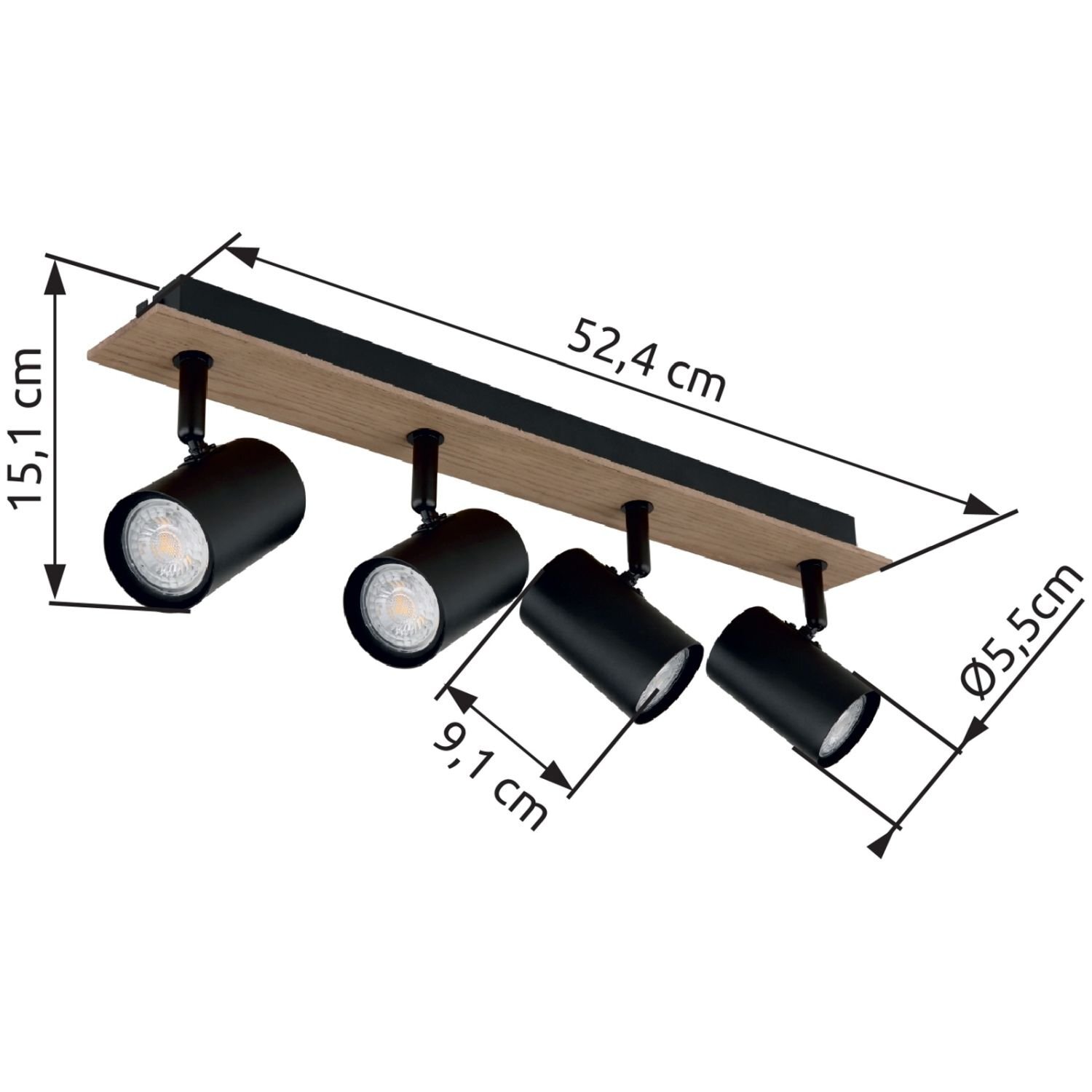 Lampa sufitowa z czterema reflektorami w kolorze czarnym, zamontowana na drewnianej listwie. Wymiary: długość 52,4 cm, wysokość 15,1 cm, średnica reflektora 5,5 cm, odległość między reflektorami 9,1 cm.