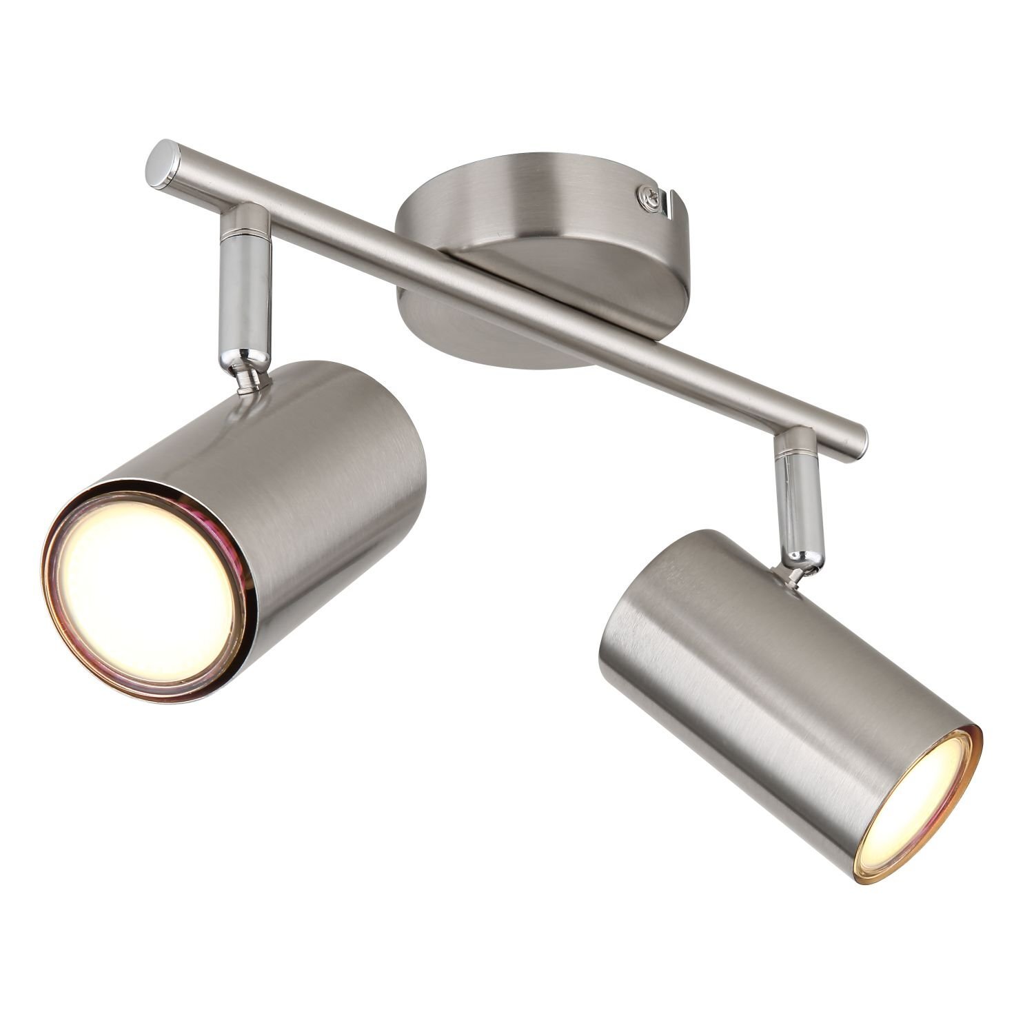 Na obrazie widoczny jest nowoczesny reflektor sufitowy z dwoma punktami świetlnymi w metalicznym wykończeniu. Reflektor ma cylindryczne klosze zamocowane na prostym ramieniu przymocowanym do okrągłej podstawy.
