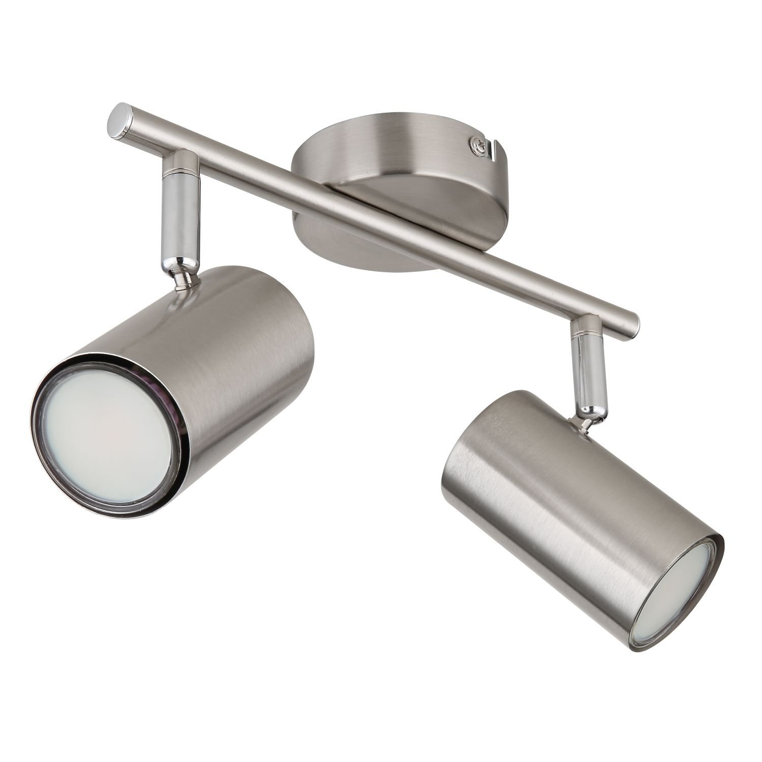 Na obrazie widoczny jest nowoczesny reflektor sufitowy z dwoma punktami świetlnymi w metalicznym kolorze. Reflektor ma cylindryczne klosze zamocowane na prostym ramieniu przymocowanym do okrągłej podstawy.