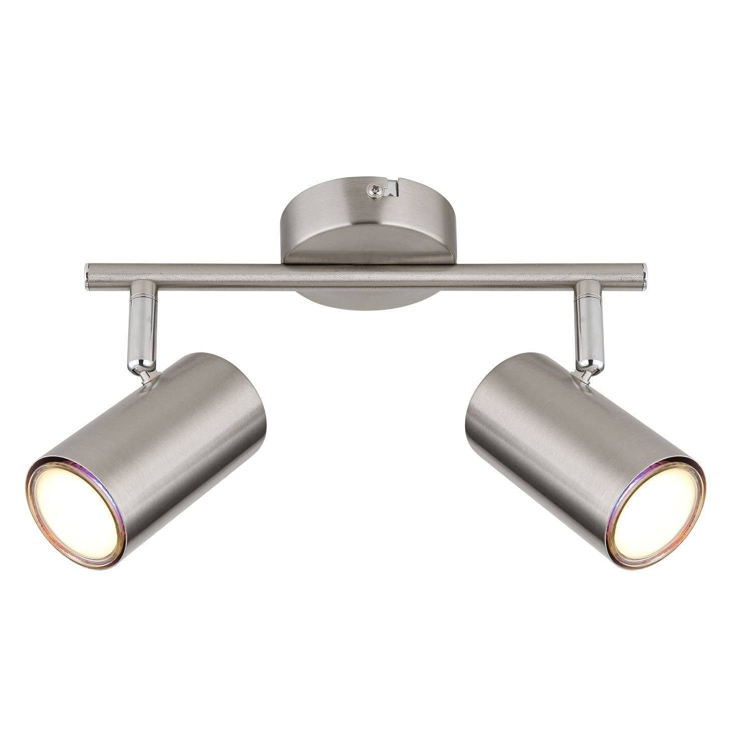 Na obrazie widoczny jest reflektor sufitowy z dwoma punktami świetlnymi w metalicznym wykończeniu. Reflektor ma nowoczesny design z cylindrycznymi kloszami zamontowanymi na poziomej belce.