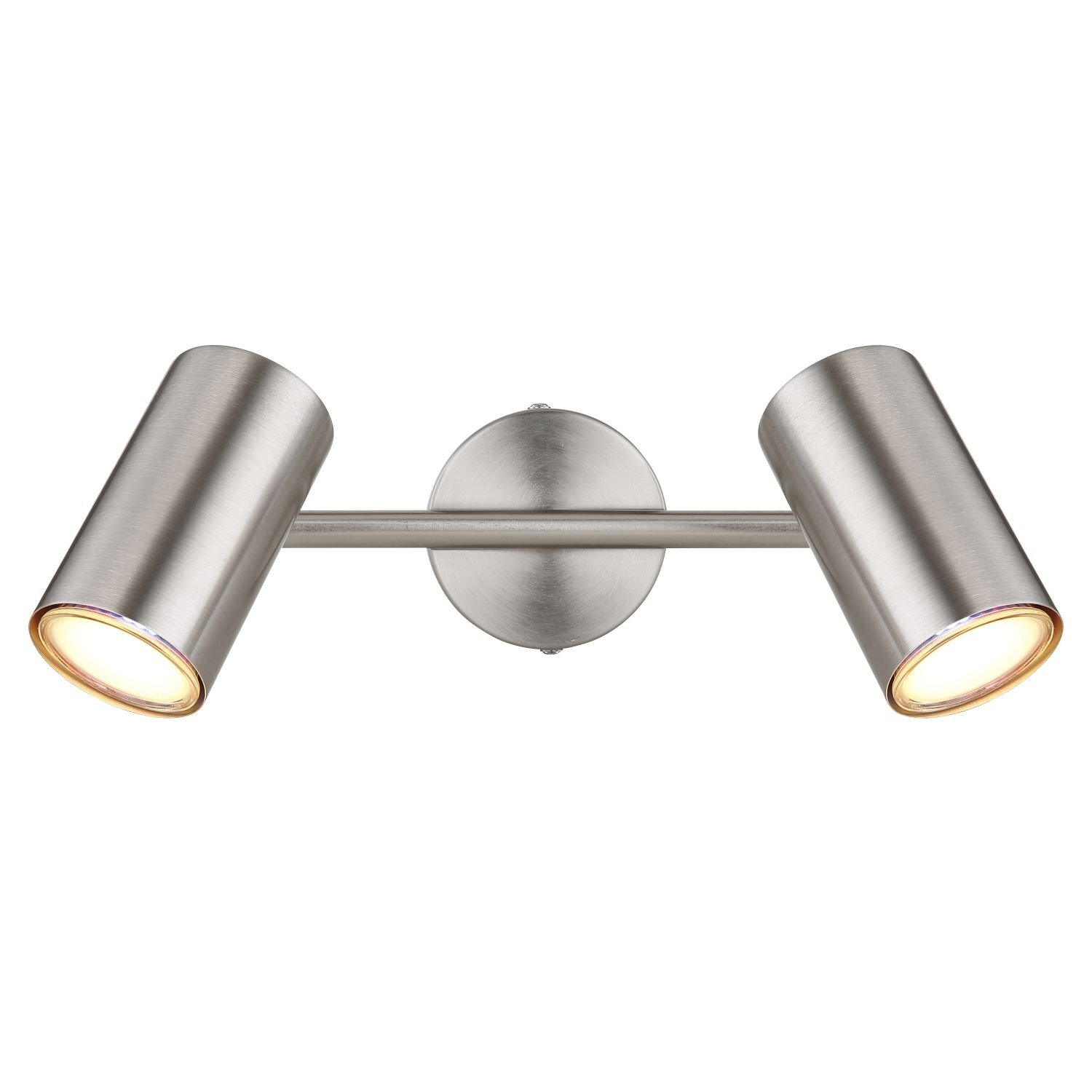 Na obrazie widoczny jest reflektor sufitowy z dwoma punktami świetlnymi w metalicznym wykończeniu. Reflektor ma nowoczesny design z cylindrycznymi kloszami zamontowanymi na poziomej belce.