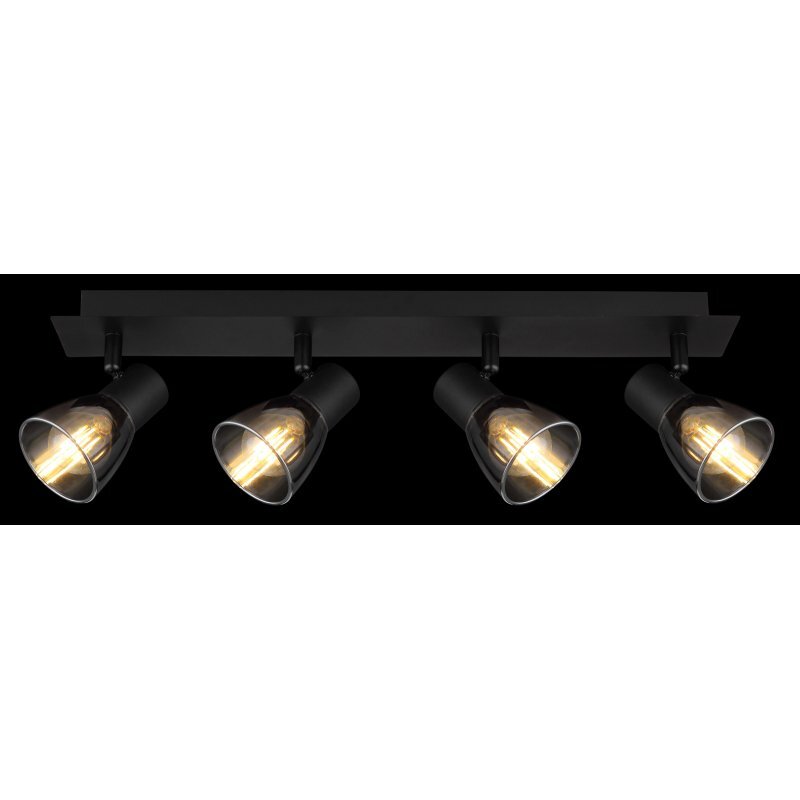 Czarna matowa lampa sufitowa z czterema reflektorami, każdy z przydymionym szklanym kloszem, zamontowana na prostokątnej podstawie.