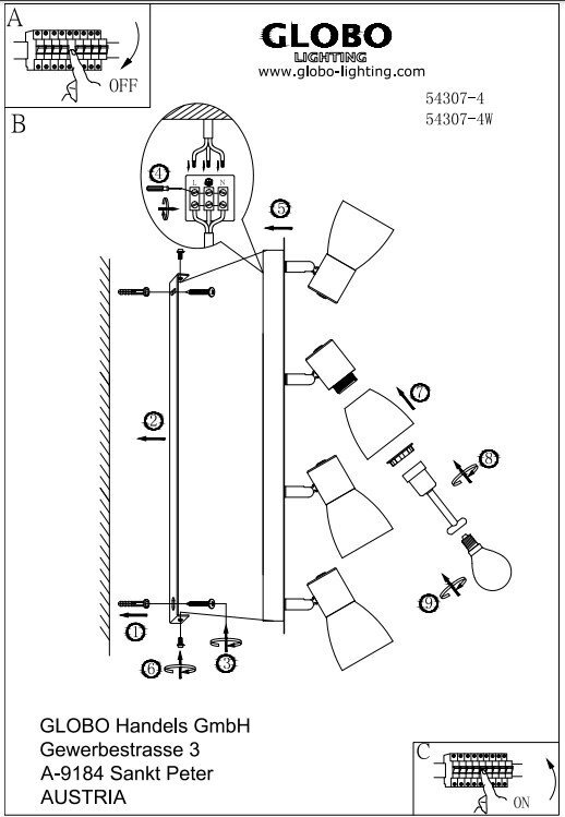 Schemat montażu lampy sufitowej z czterema reflektorami, z oznaczeniami montażowymi i instrukcjami. Widoczne logo \'GLOBO LIGHTING\' oraz adres \'GLOBO Handels GmbH Gewerbestrasse 3 A-9184 Sankt Peter AUSTRIA\'.