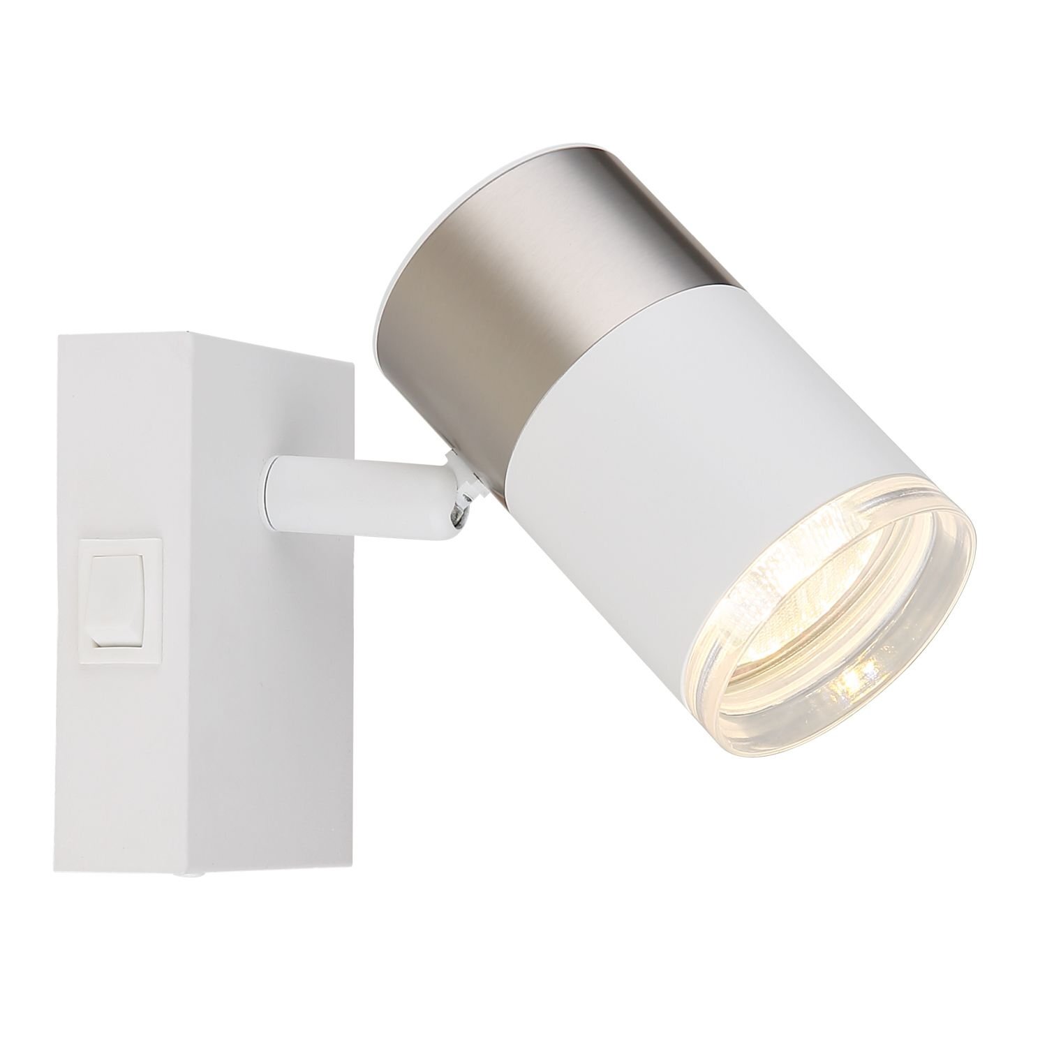 Na obrazie widoczna jest nowoczesna lampa sufitowa z regulowanym reflektorem w kolorze białym i srebrnym. Lampa zamontowana jest na prostokątnej podstawie z włącznikiem.
