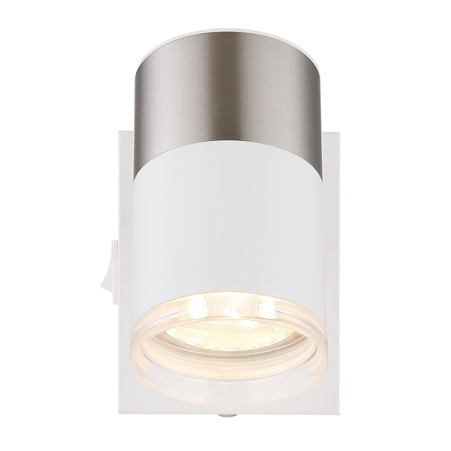 Lampa sufitowa w kształcie walca z białym korpusem i metalicznym wykończeniem na górze. Posiada przezroczysty klosz, przez który widać źródło światła.