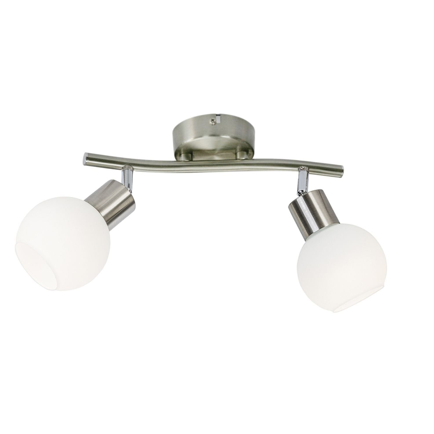 Na obrazie widoczna jest nowoczesna lampa sufitowa z dwoma regulowanymi reflektorami o białych, kulistych kloszach. Konstrukcja lampy jest metalowa, w kolorze srebrnym.