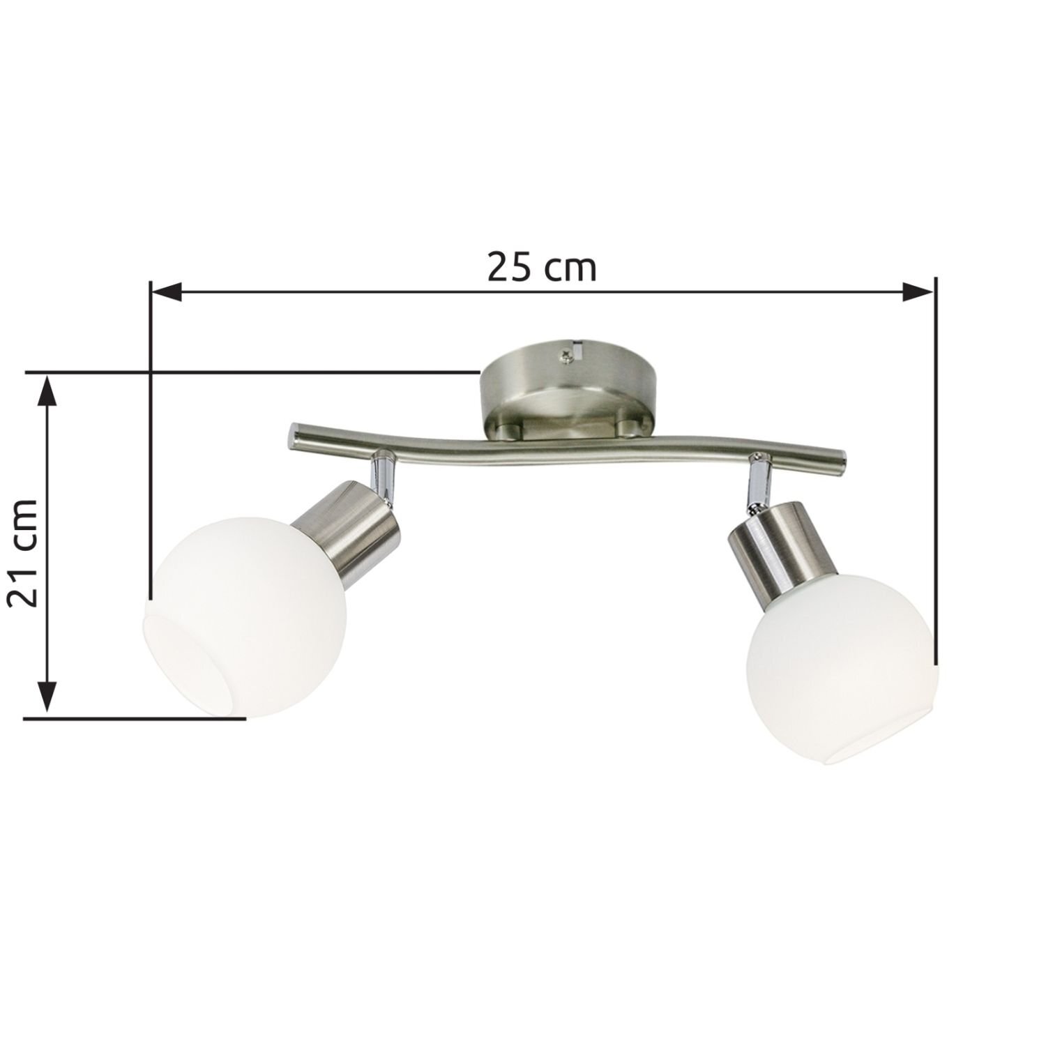 Lampa sufitowa z dwoma białymi kloszami na metalowej podstawie, z wymiarami 25 cm szerokości i 21 cm wysokości.