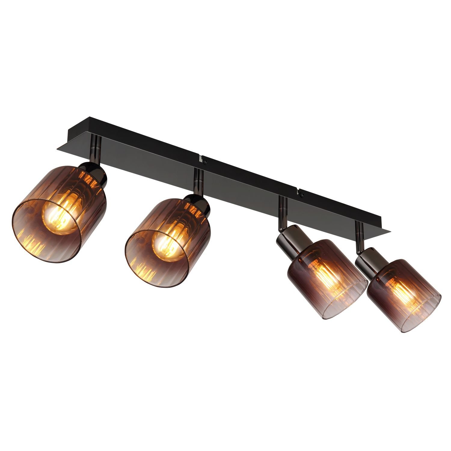 Na obrazie widoczny jest reflektor sufitowy z czterema regulowanymi światłami, każde z nich ma szklany klosz w kolorze bursztynowym. Konstrukcja lampy jest metalowa i ma nowoczesny design.