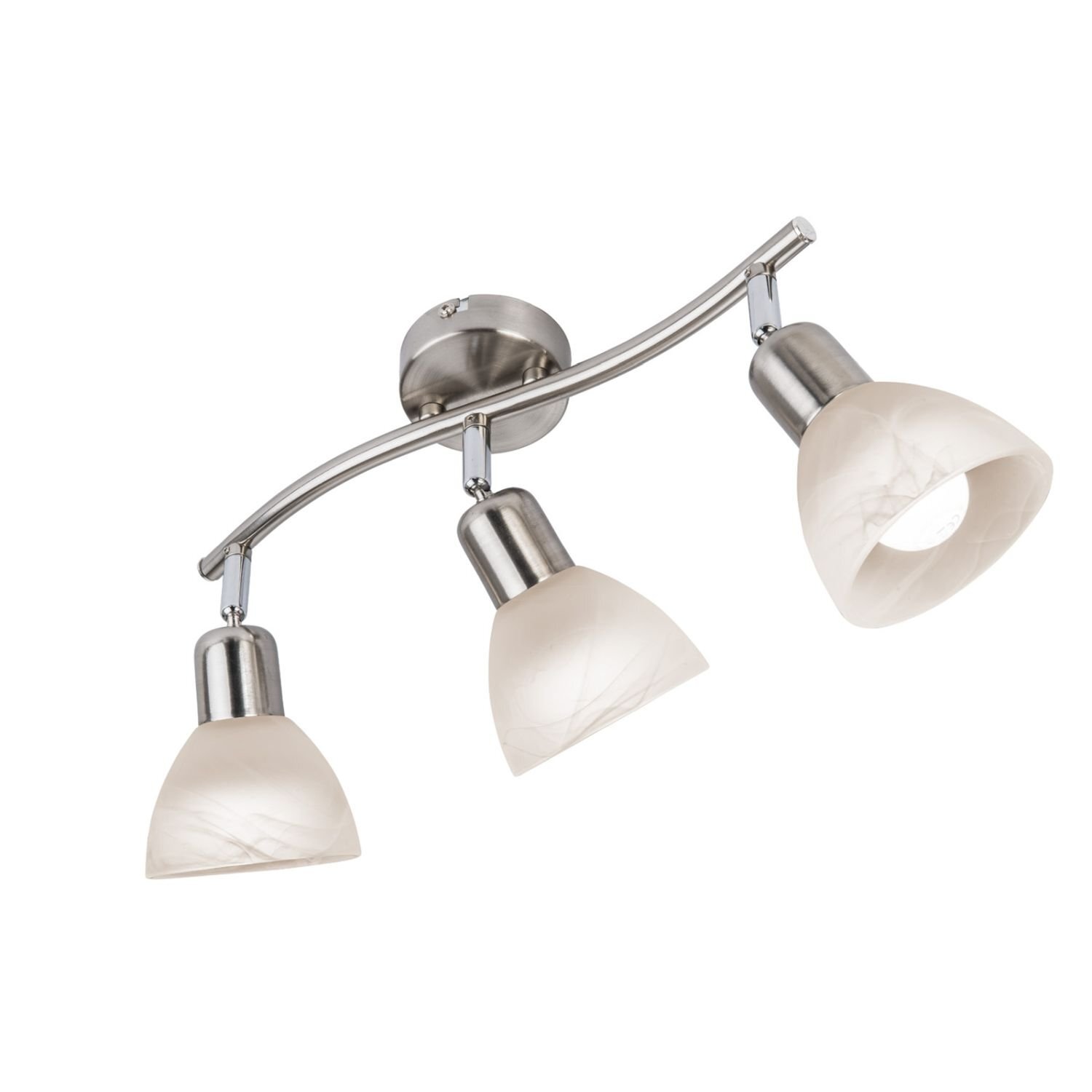 Na obrazie widoczna jest nowoczesna lampa sufitowa z trzema reflektorami o metalicznym wykończeniu i białymi kloszami. Reflektory są zamontowane na zakrzywionej listwie.