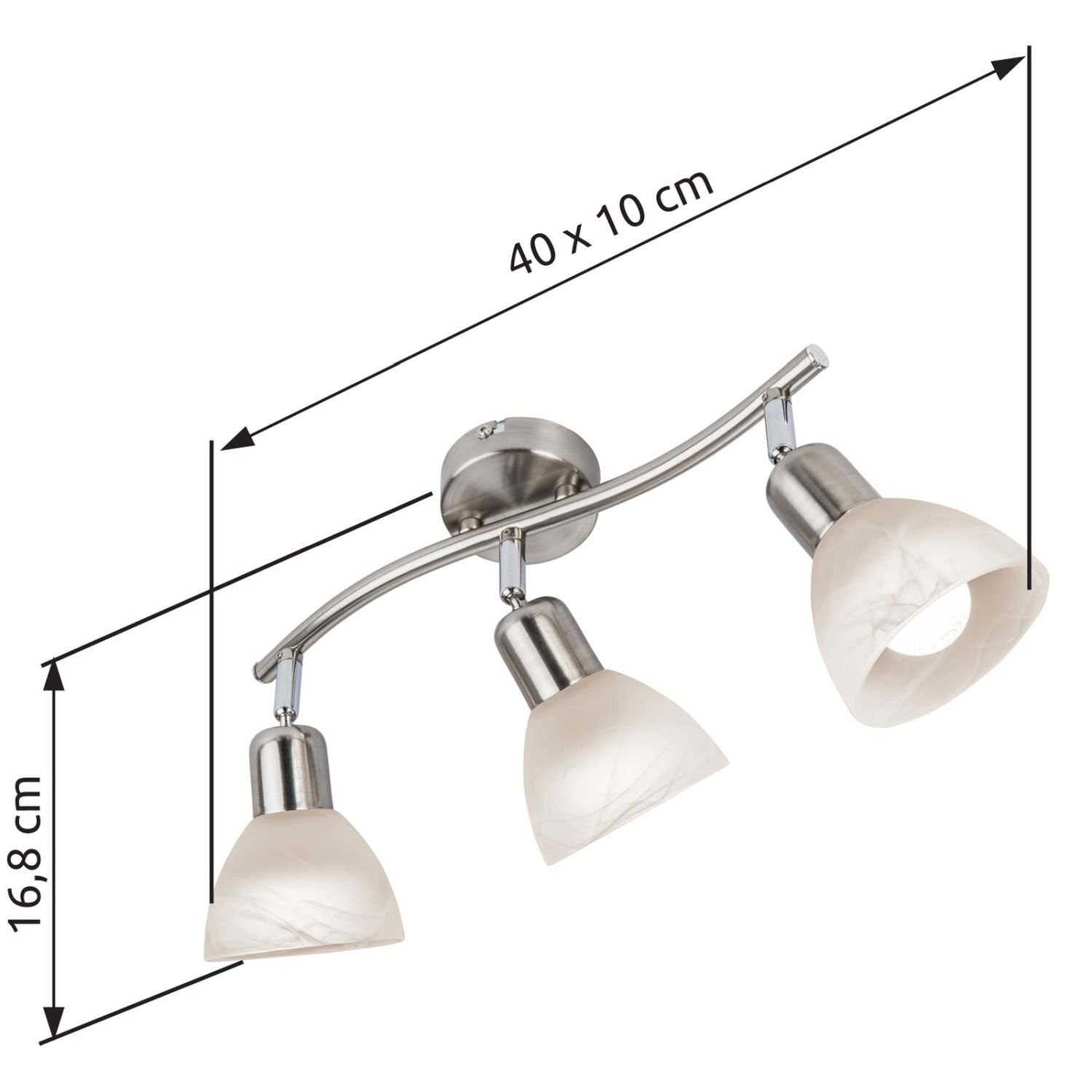 Na obrazie widoczny jest reflektor sufitowy z trzema kloszami w kolorze białym, zamontowany na metalowej listwie. Wymiary lampy to 40 x 10 cm, a wysokość wynosi 16,8 cm.