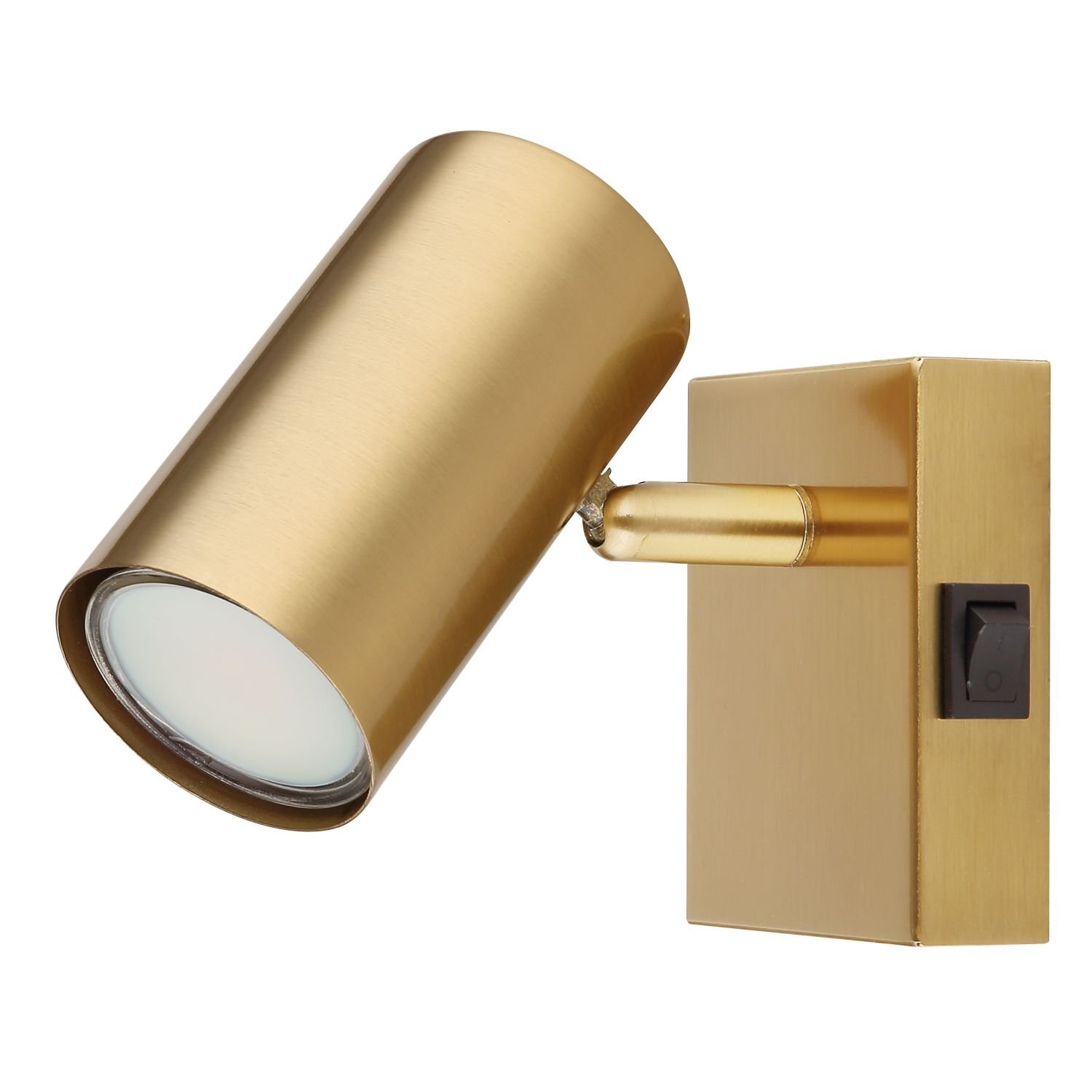 Złota lampa sufitowa reflektor z prostokątną podstawą i włącznikiem na boku. Cylindryczny klosz skierowany jest w dół.