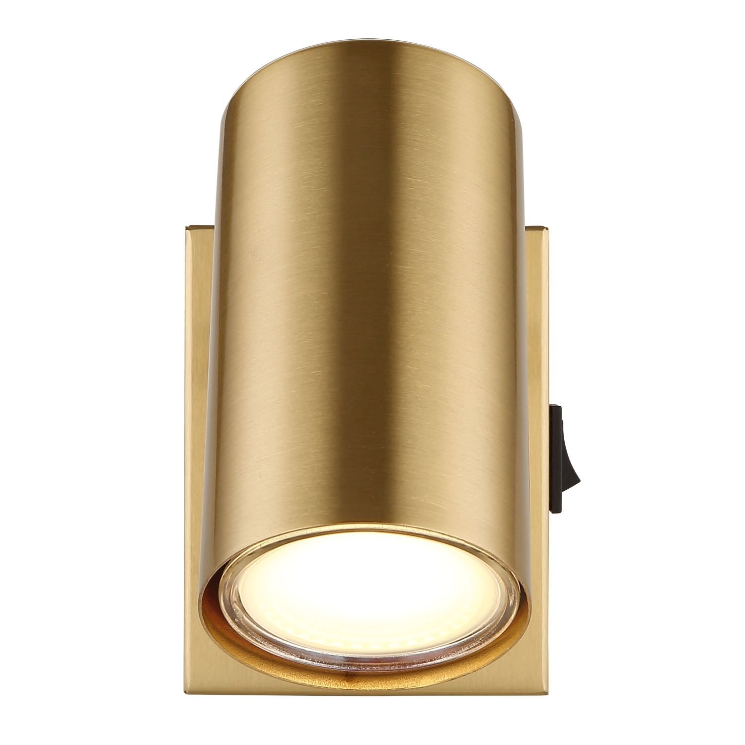 Złota lampa sufitowa w kształcie walca z widocznym źródłem światła na dole. Lampa ma elegancki, nowoczesny design.
