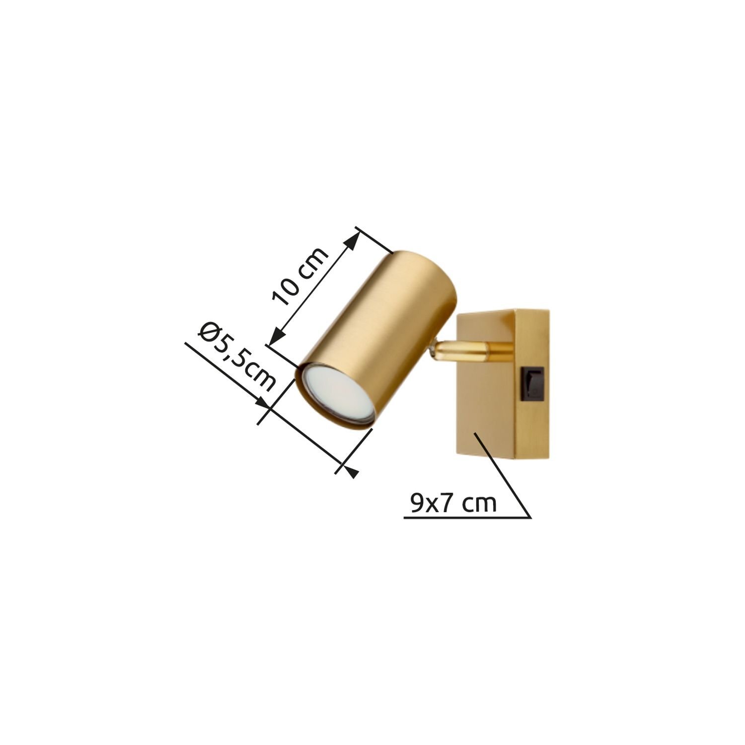 Złoty reflektor sufitowy z cylindrycznym kloszem, o wymiarach 10 cm długości i 5,5 cm średnicy, zamontowany na prostokątnej podstawie 9x7 cm. Obok reflektora widoczne są oznaczenia wymiarów.