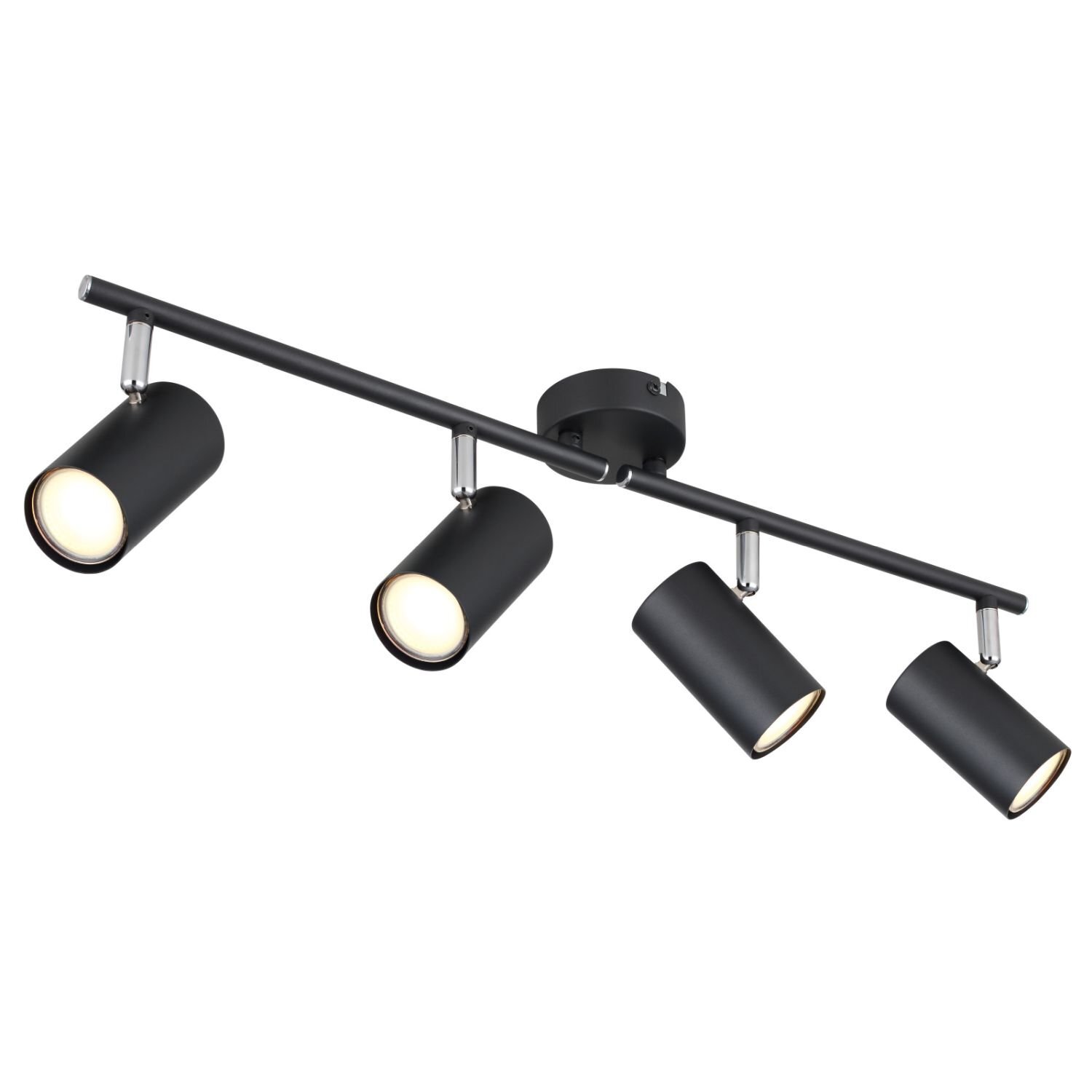Czarna lampa sufitowa z czterema regulowanymi reflektorami w kształcie cylindrów, zamontowana na prostym ramieniu. Każdy reflektor jest skierowany w inną stronę, co pozwala na regulację kierunku światła.