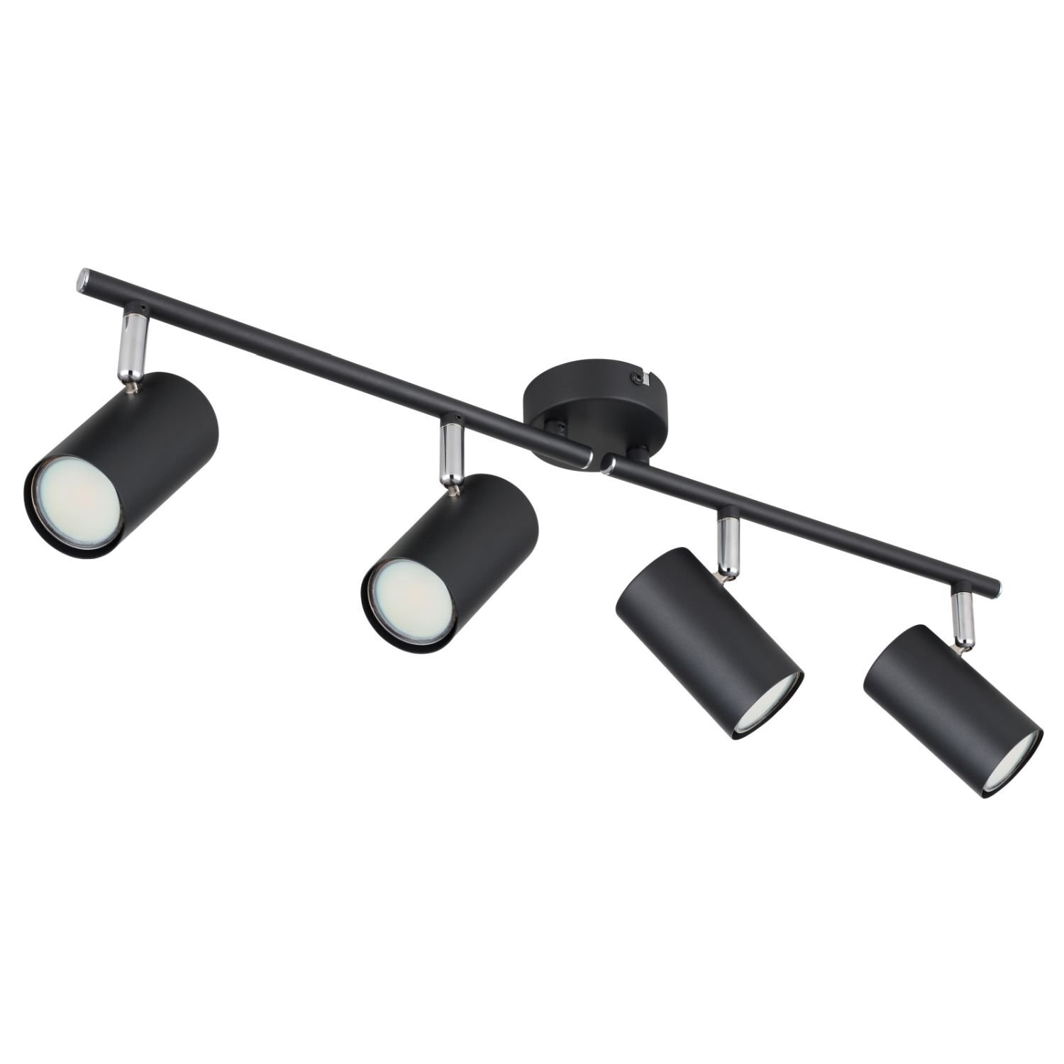 Czarna lampa sufitowa z czterema regulowanymi reflektorami w kształcie cylindrów, zamontowana na prostym, poziomym ramieniu.