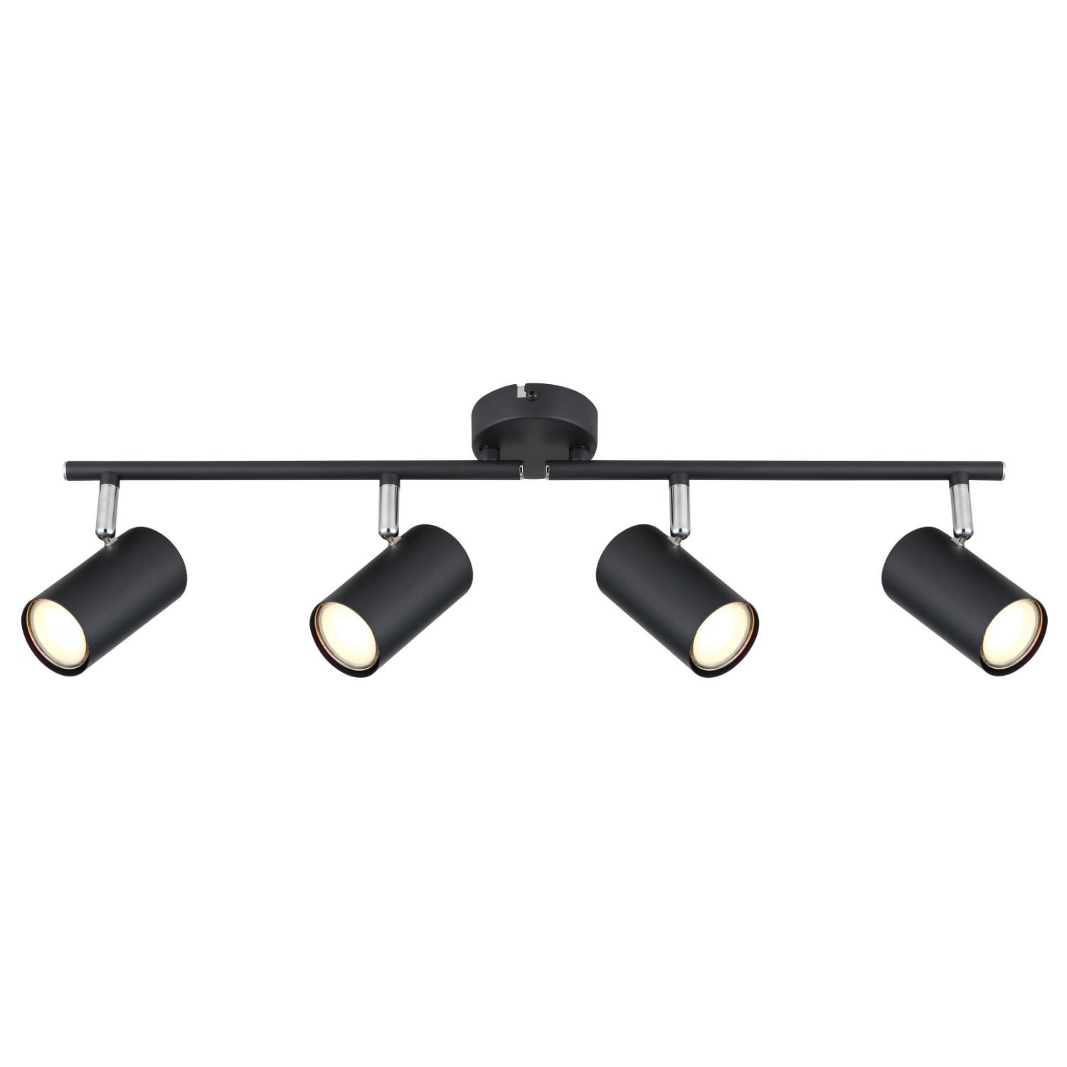 Czarna lampa sufitowa z czterema regulowanymi reflektorami w kształcie cylindrów, zamontowana na prostokątnej listwie. Centralna część lampy to okrągła podstawa przylegająca do sufitu.