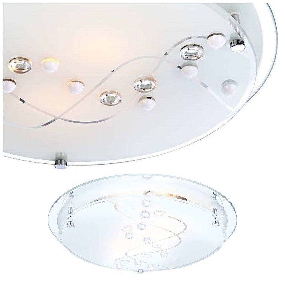 Lampa sufitowa z chromowanymi elementami i satynowym szkłem, ozdobiona dekoracyjnymi kryształkami. Posiada dwa źródła światła typu E27 i okrągły kształt.