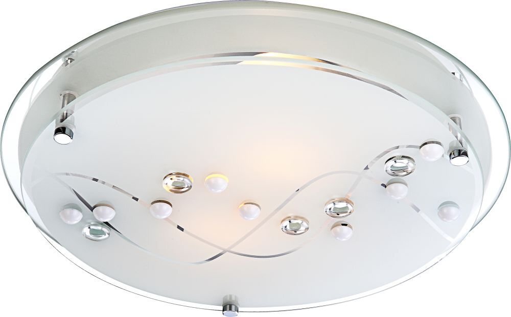 Lampa sufitowa o okrągłym kształcie z satynowanego szkła, ozdobiona dekoracyjnymi kryształkami i chromowanymi elementami. Widoczne są dwa źródła światła typu E27.