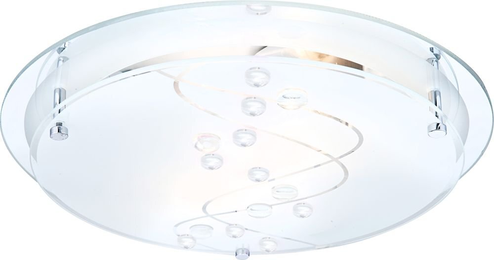 Lampa sufitowa o okrągłym kształcie z satynowanego szkła, ozdobiona dekoracyjnymi kryształkami i chromowanymi elementami. Widoczne są dwa źródła światła wewnątrz obudowy.