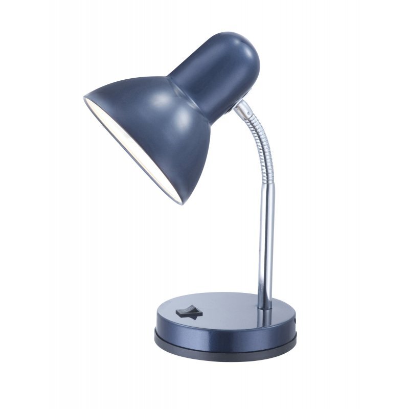 Lampa biurkowa w kolorze niebieskim z chromowanym ramieniem i okrągłą podstawą. Na podstawie znajduje się wyłącznik w kształcie gwiazdy.