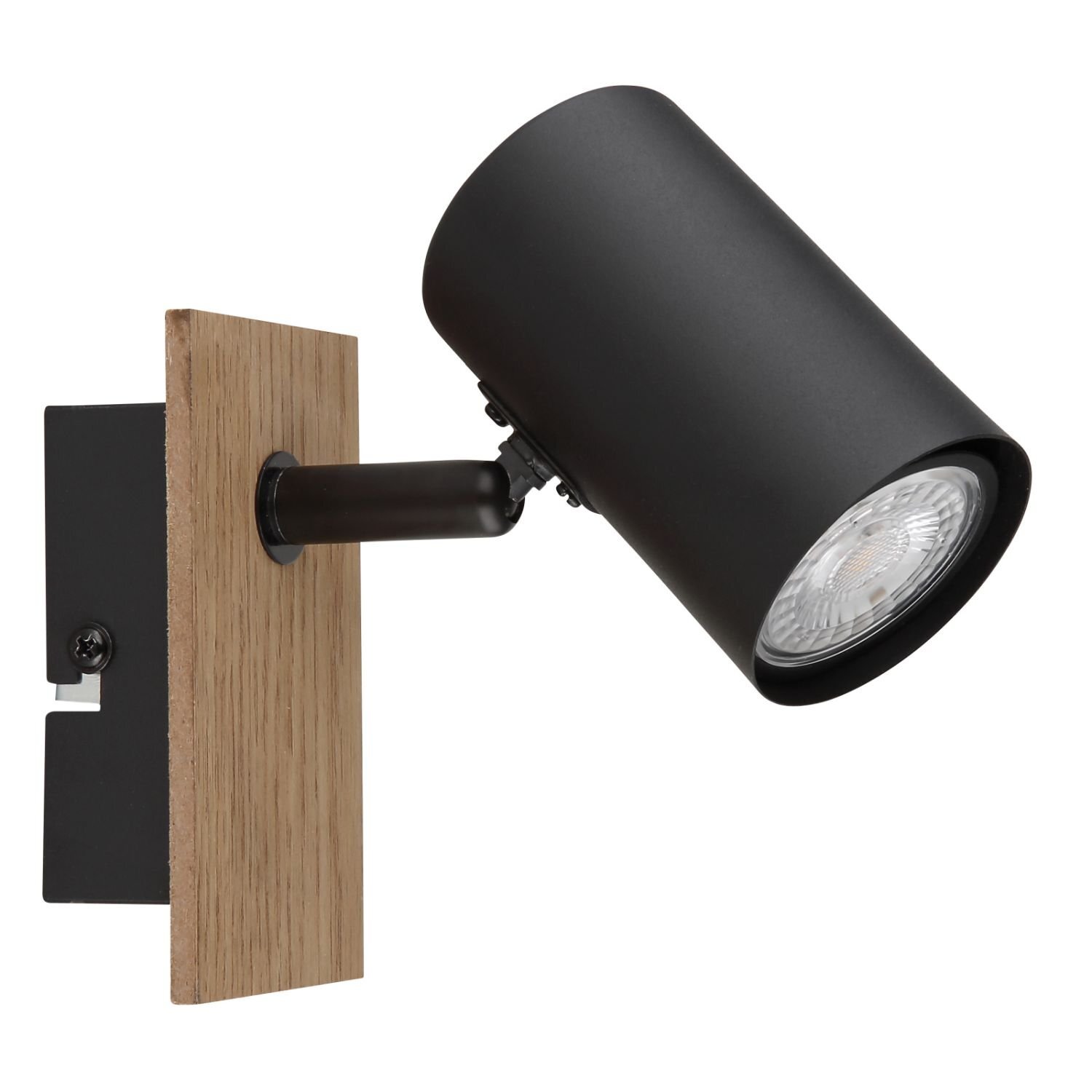 Czarna lampa reflektorowa z cylindrycznym kloszem zamontowana na drewnianej podstawie. Lampa posiada regulowane ramię umożliwiające skierowanie światła w wybranym kierunku.