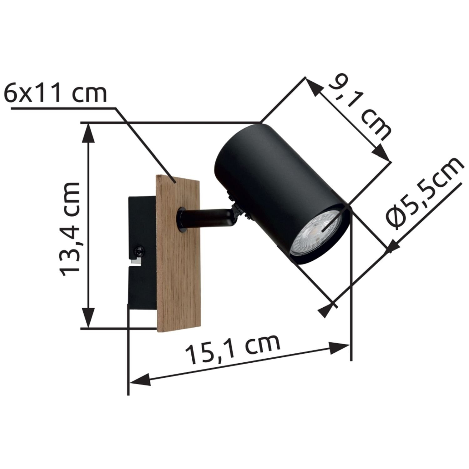 Obraz przedstawia czarną lampę reflektorową zamontowaną na drewnianej podstawie. Wymiary lampy to 6x11 cm, 13,4 cm, 15,1 cm, 9,1 cm oraz średnica 5,5 cm.