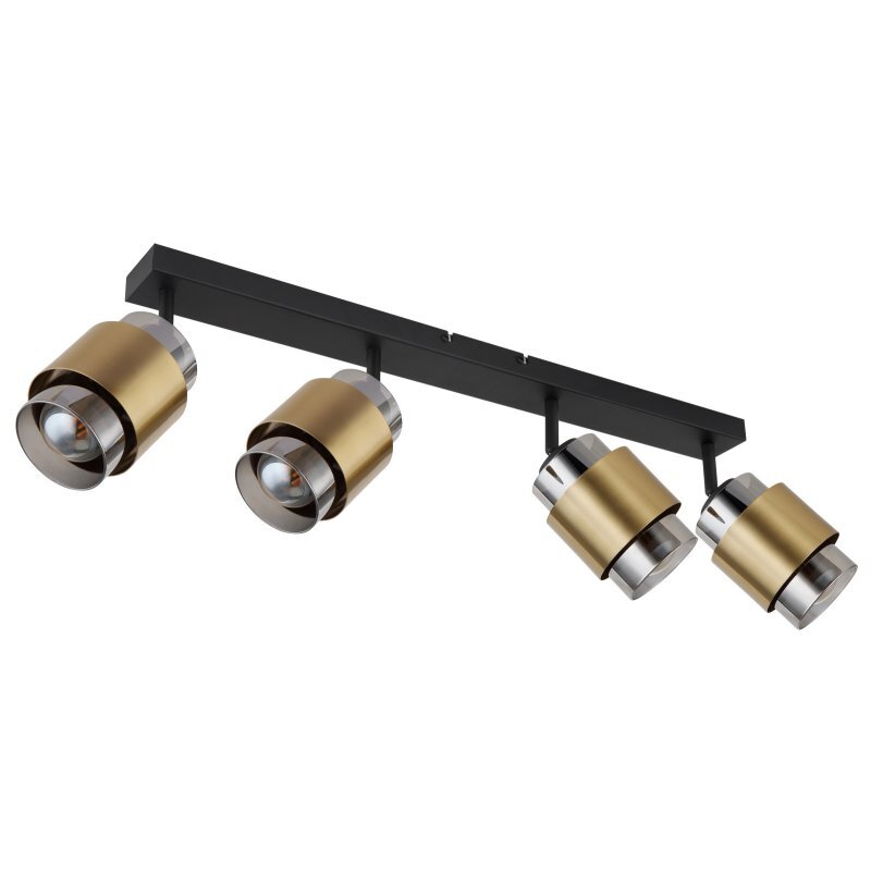 Lampa sufitowa z czterema reflektorami w kolorze czarnego matu z przydymionym szkłem i mosiężnymi pierścieniami. Reflektory są zamontowane na prostokątnej listwie.