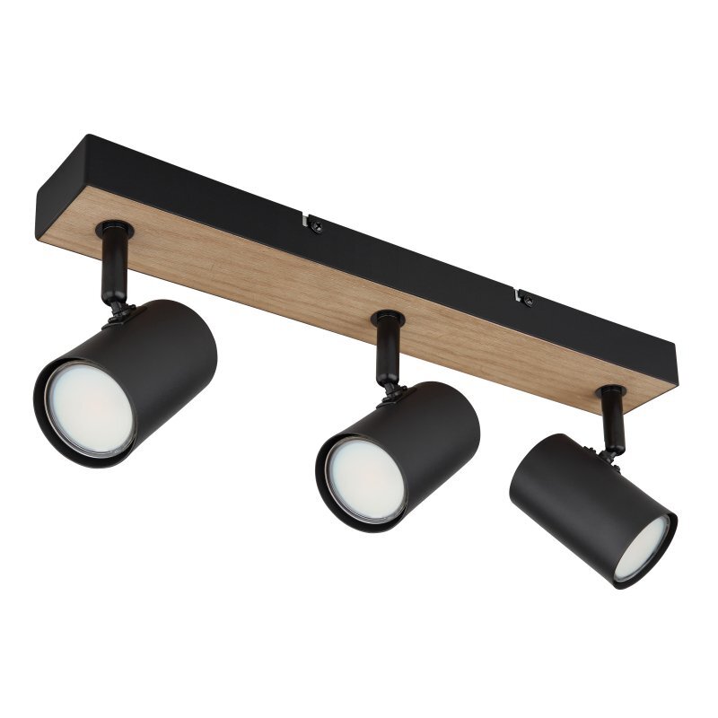 Lampa sufitowa z trzema czarnymi, matowymi reflektorami zamontowanymi na prostokątnej podstawie z drewna MDF. Reflektory są skierowane w różnych kierunkach.