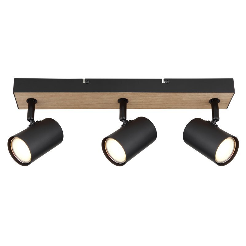 Lampa sufitowa z trzema czarnymi, matowymi reflektorami zamontowanymi na prostokątnej podstawie z drewna MDF. Reflektory są skierowane w różnych kierunkach, a całość ma nowoczesny design.