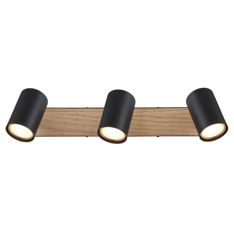 Lampa sufitowa z trzema czarnymi, matowymi reflektorami zamontowanymi na prostokątnej listwie z drewna MDF. Reflektory są skierowane w różnych kierunkach, a żarówki nie są dołączone.