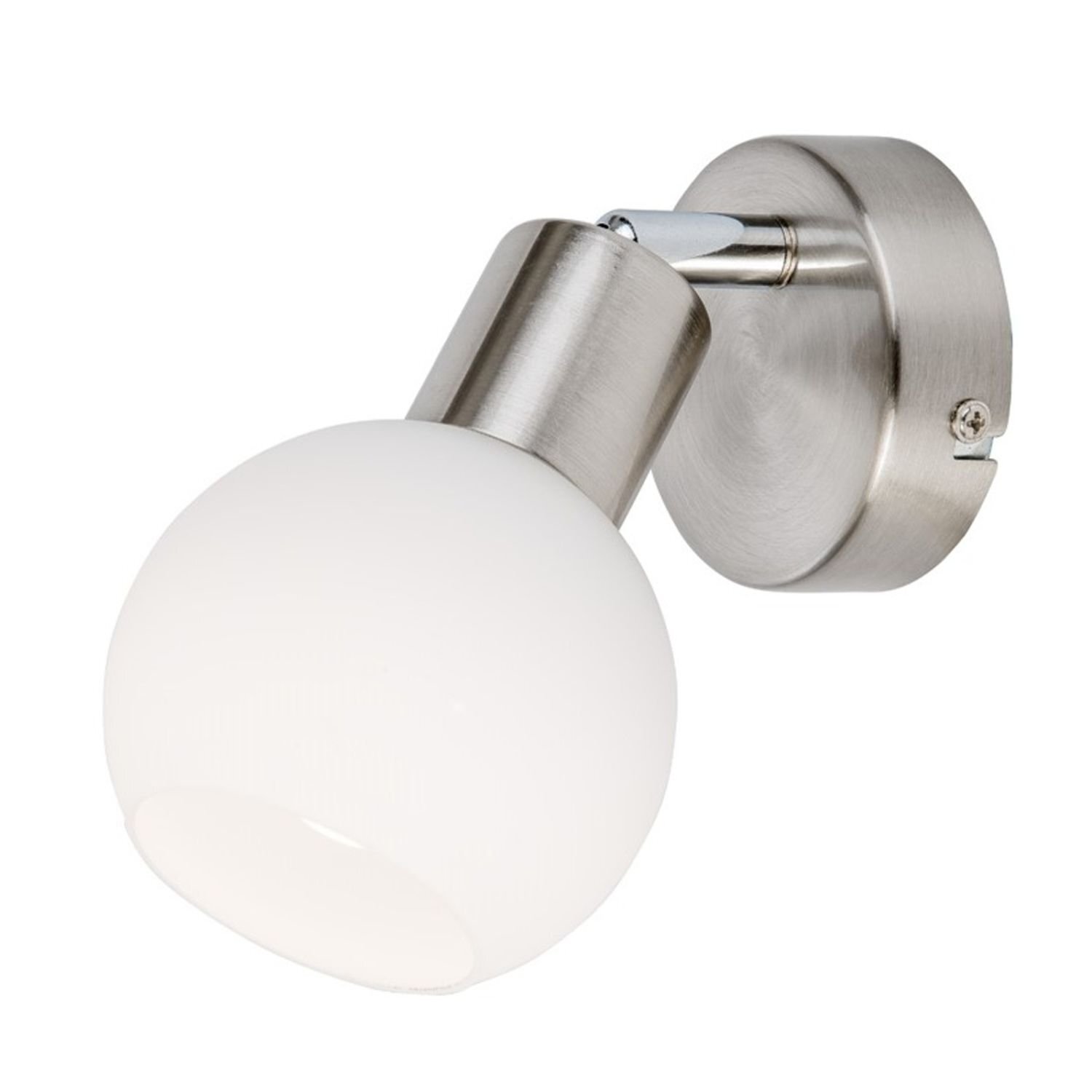 Lampa reflektorowa z okrągłym, białym kloszem i metalowym uchwytem w kolorze srebrnym. Montowana na okrągłej podstawie z widoczną śrubą mocującą.