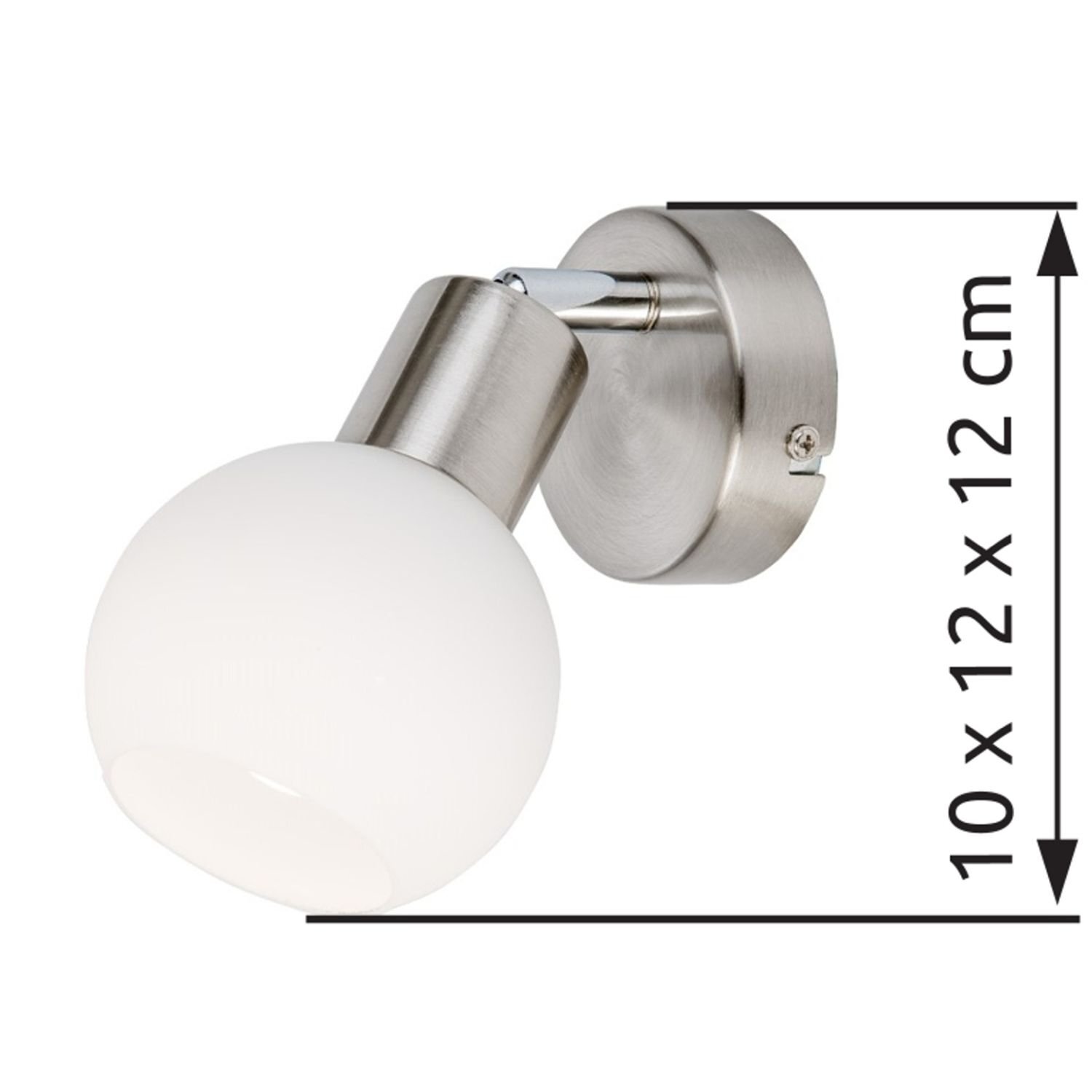 Lampa reflektorowa z okrągłym, białym kloszem i metalowym uchwytem. Obok lampy widoczny jest tekst: \'10 x 12 x 12 cm\'.