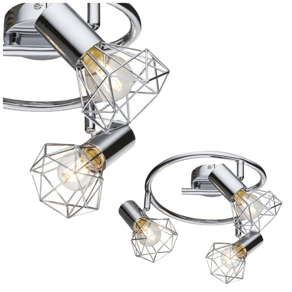 Lampa sufitowa z trzema żarówkami w metalowych, geometrycznych kloszach, zamontowana na spiralnej, chromowanej podstawie.