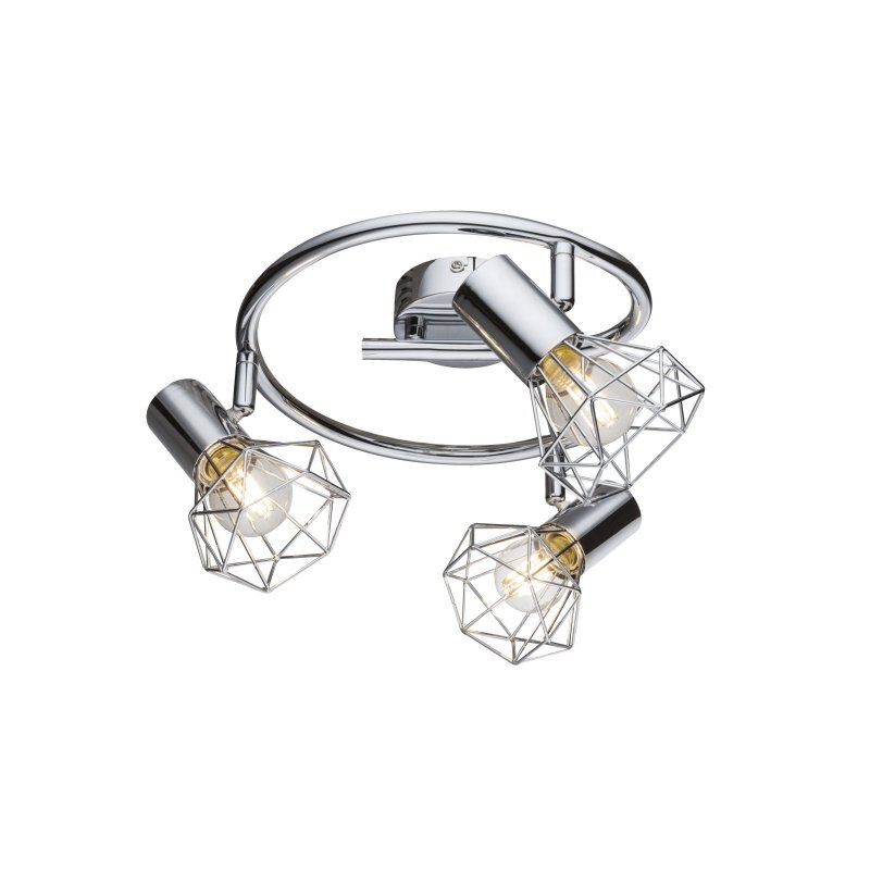 Lampa sufitowa z trzema żarówkami w metalowych kloszach o geometrycznym kształcie, zamontowana na spiralnej podstawie w kolorze chromu.