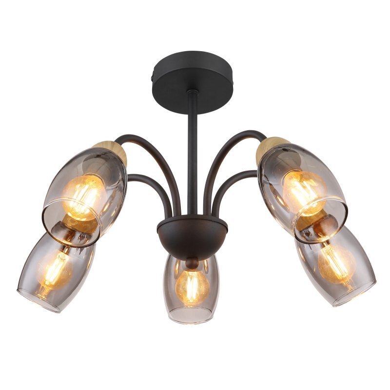 Lampa sufitowa z pięcioma żarówkami w przydymionych kloszach, wykonana z metalu imitującego drewno w czarnym matowym kolorze. Klosze mają kształt wydłużonych owalów, a całość jest zamontowana na centralnym uchwycie sufitowym.
