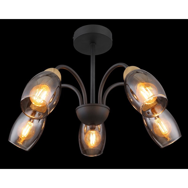 Lampa sufitowa z pięcioma żarówkami w przydymionych kloszach, wykonana z czarnego matowego metalu z elementami imitującymi drewno. Klosze są zamocowane na zakrzywionych ramionach wychodzących z centralnego punktu.