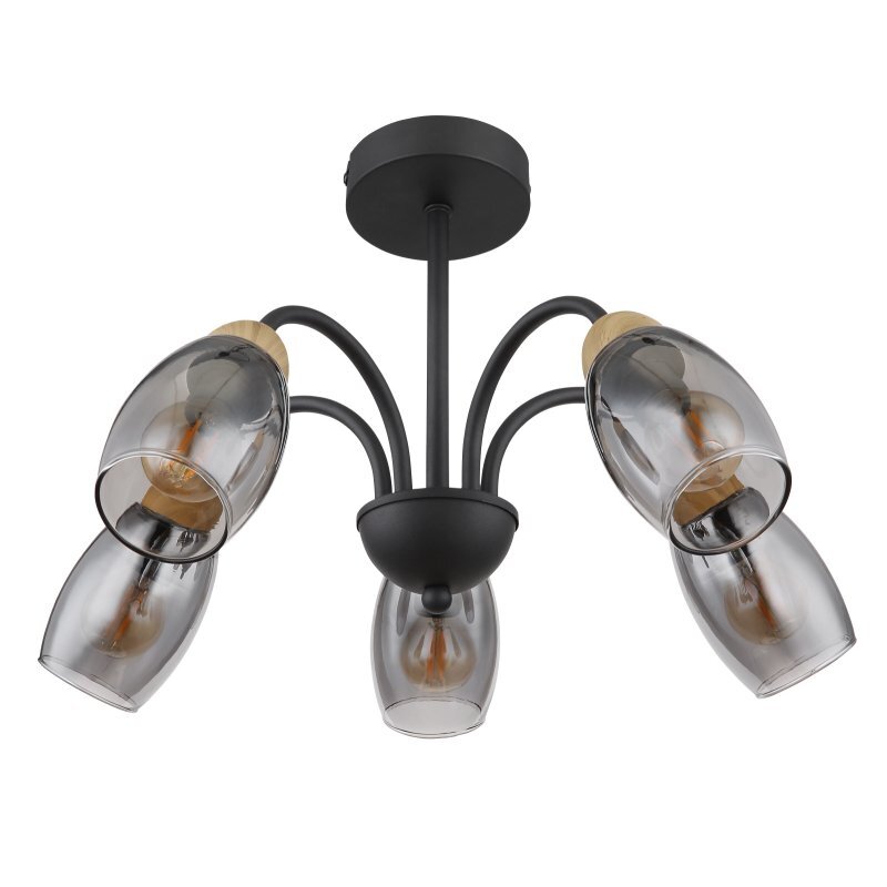 Lampa sufitowa z pięcioma kloszami wykonanymi z przydymionego szkła, zamontowana na czarnej matowej konstrukcji z elementami imitującymi drewno. Klosze są skierowane w różnych kierunkach, a całość ma nowoczesny design.