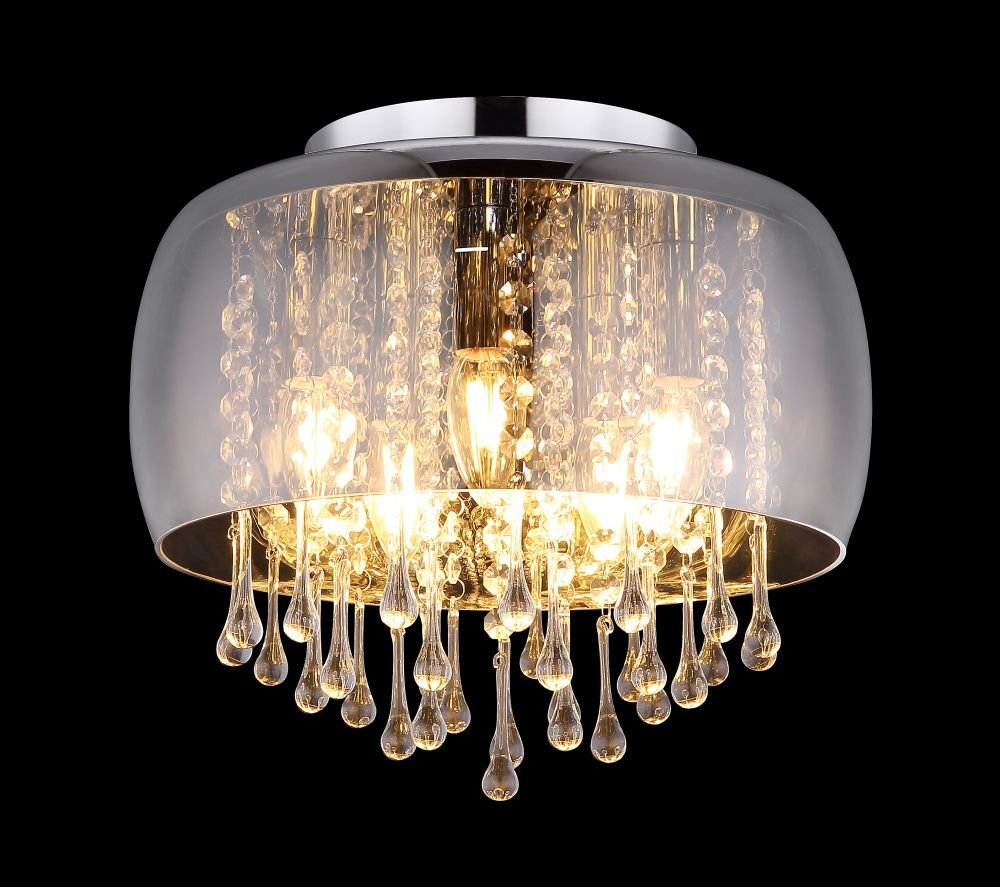 Lampa sufitowa z chromowanym wykończeniem i przydymionym szkłem, ozdobiona kryształami zwisającymi w formie kropli. Światło emitowane jest przez pięć żarówek E14, tworząc efektowne oświetlenie.