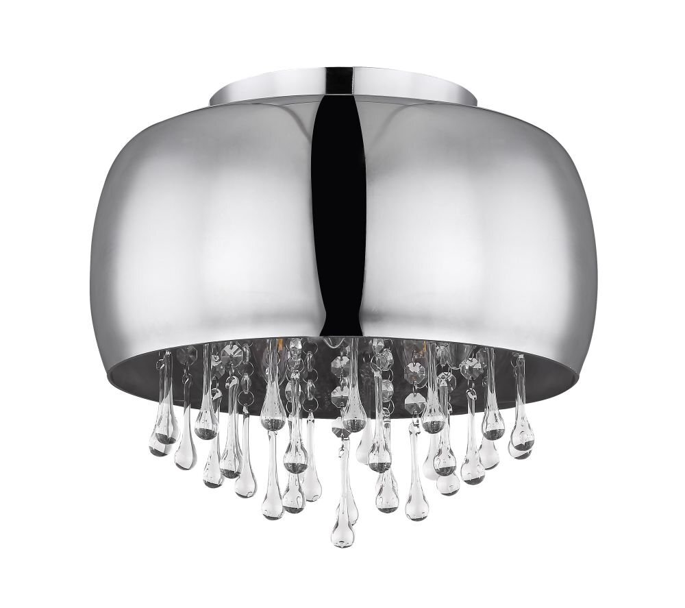 Lampa sufitowa z chromowanym kloszem i wiszącymi kryształowymi elementami. Klosz ma gładką, lustrzaną powierzchnię, a kryształy są przezroczyste i różnej długości.