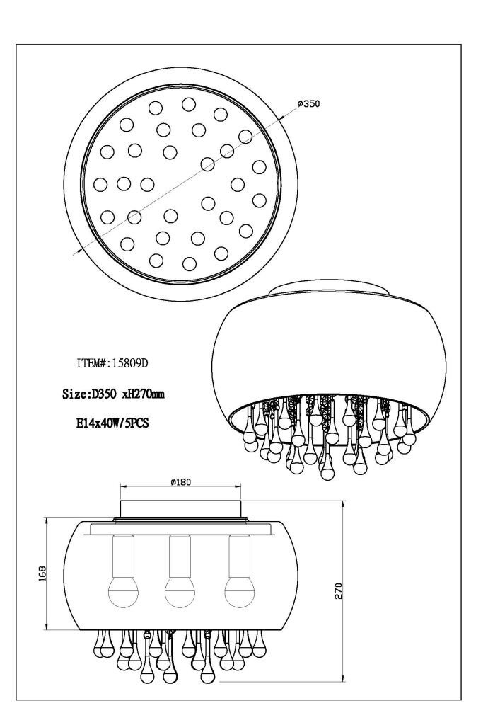 Rysunek techniczny lampy sufitowej z oznaczeniami wymiarów i szczegółami konstrukcji. Widoczny tekst: \'ITEM#: 15809D, Size: D350 xH270mm, E14x40W/5PCS\'.
