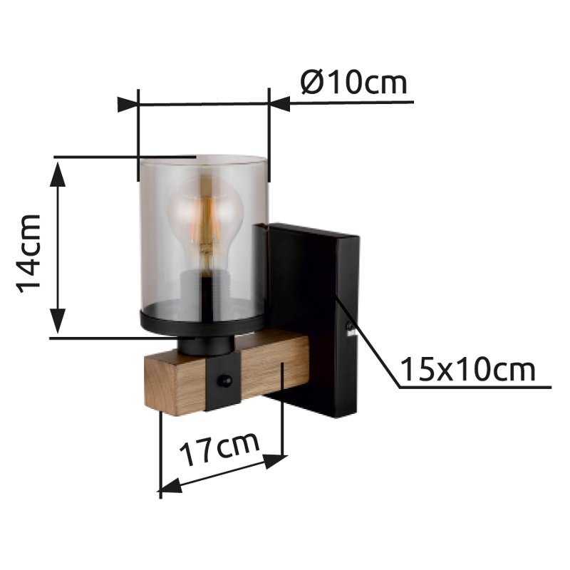 Kinkiet ścienny z czarnym matowym wykończeniem i drewnianym elementem, posiada dymiony klosz o średnicy 10 cm. Wymiary to 14 cm wysokości, 17 cm głębokości, a podstawa ma wymiary 15x10 cm.