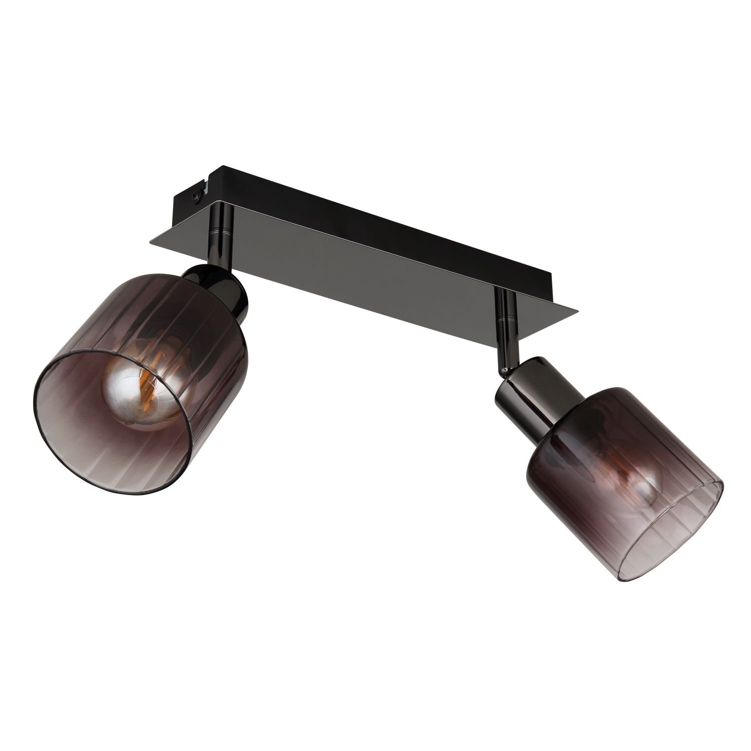 Lampa sufitowa z dwoma reflektorami o ciemnych, szklanych kloszach zamontowana na prostokątnej, metalowej podstawie.