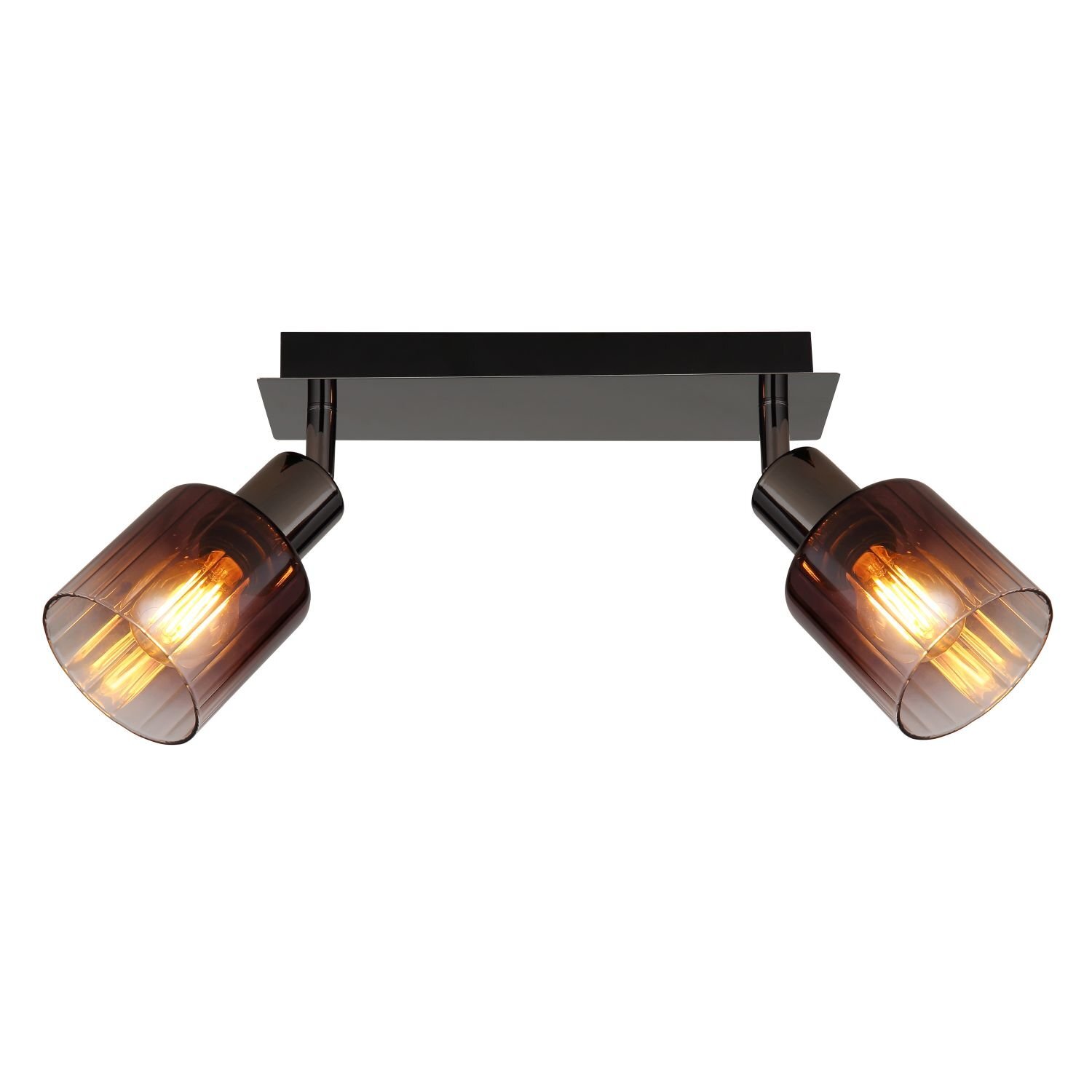 Lampa sufitowa z dwoma reflektorami o szklanych kloszach w kolorze brązowym, zamontowana na prostokątnej, czarnej podstawie. Wewnątrz kloszy widoczne są żarówki emitujące ciepłe światło.