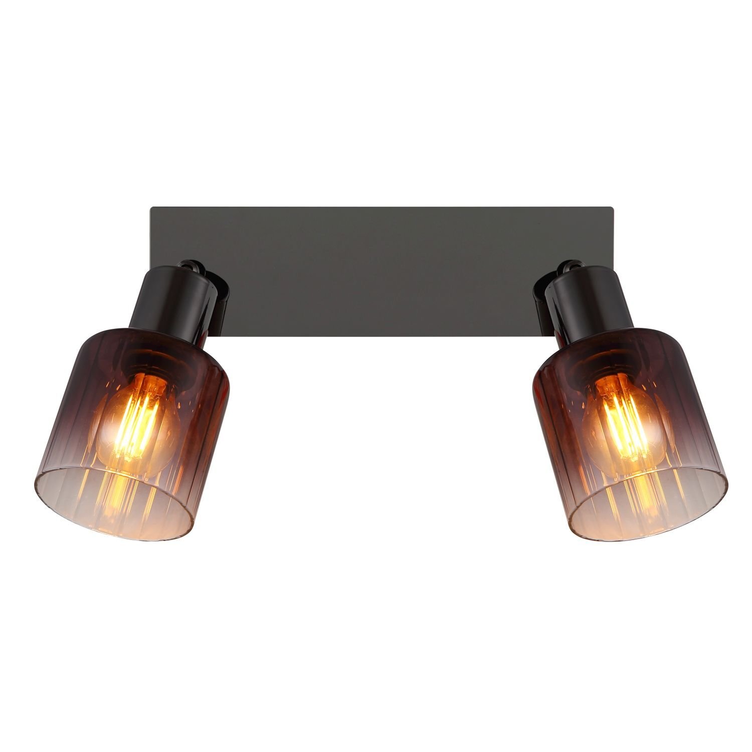 Lampa sufitowa z dwoma reflektorami o szklanych kloszach w kolorze bursztynowym, zamontowana na prostokątnej, czarnej podstawie. Wewnątrz kloszy widoczne są żarówki emitujące ciepłe światło.