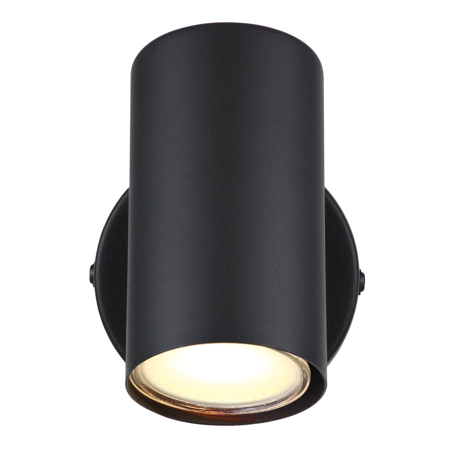 Czarny, cylindryczny reflektor sufitowy z widocznym źródłem światła na dole. Lampa ma nowoczesny design i jest zamontowana na okrągłej podstawie.