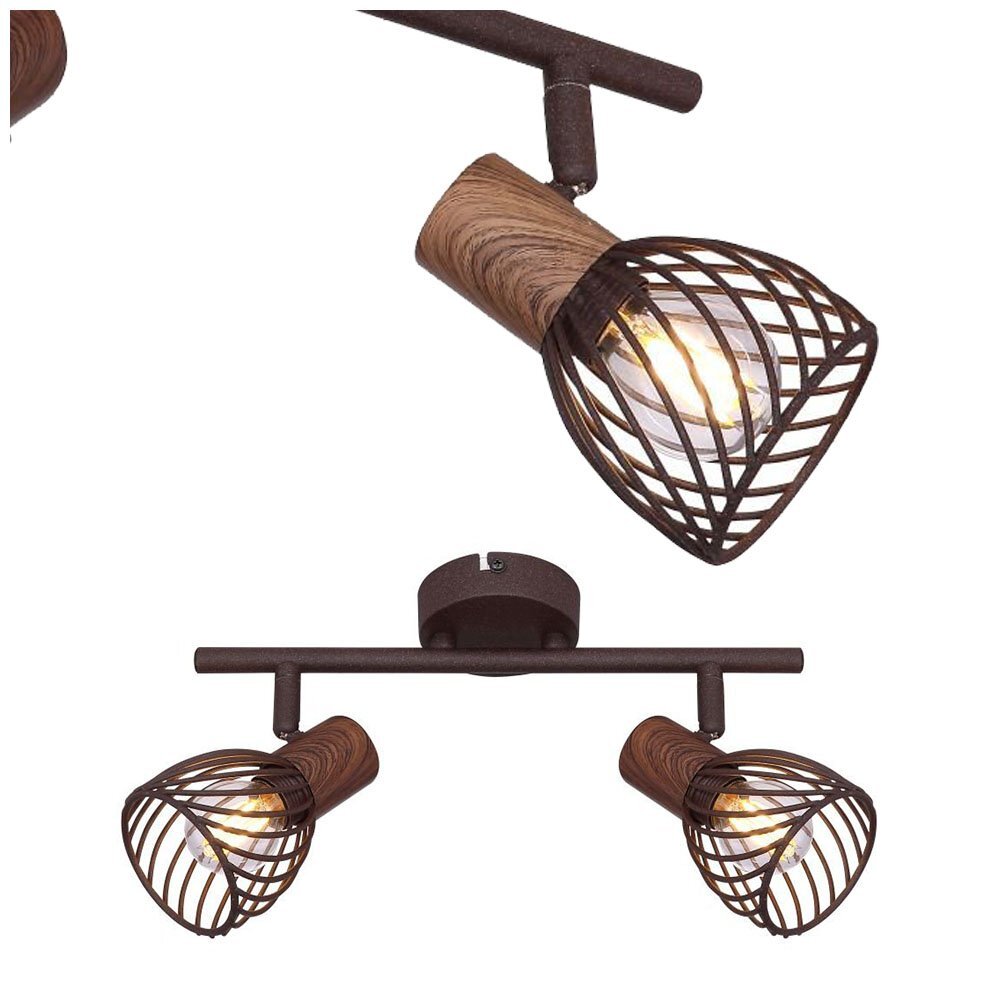 Lampa sufitowa z dwoma reflektorami, wykonana z metalu w kolorze rdzawym i drewna w kolorze brązowym. Reflektory mają ażurowe klosze, przez które widać żarówki.