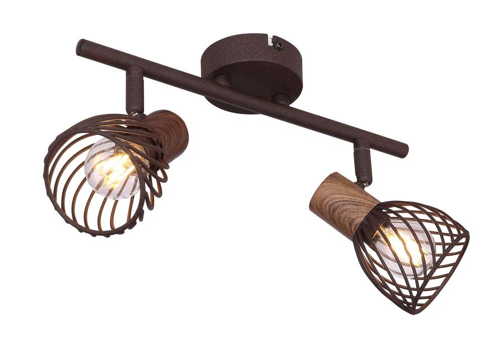 Lampa sufitowa z dwoma źródłami światła, wykonana z metalu w kolorze rdzawym i drewna w kolorze brązowym. Każda z lamp posiada klosz w formie metalowej siatki, odsłaniający żarówkę.