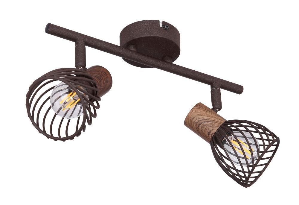 Lampa sufitowa z dwoma reflektorami, wykonana z metalu w kolorze rdzawym i drewna w kolorze brązowym. Każdy reflektor ma klosz w formie metalowej siatki, odsłaniający żarówkę.