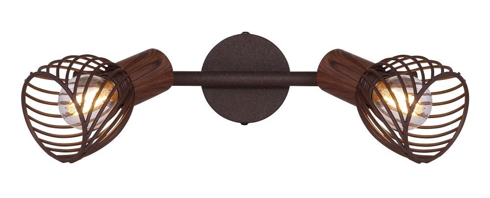 Lampa sufitowa z dwoma źródłami światła w metalowych kloszach o rdzawym kolorze, zamontowana na drewnianej podstawie.