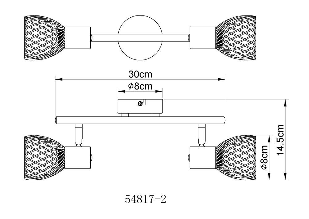 Schemat techniczny lampy sufitowej z dwoma kloszami o siatkowej strukturze. Wymiary: długość 30 cm, średnica klosza 8 cm, wysokość całkowita 14,5 cm, oznaczenie modelu 54817-2.
